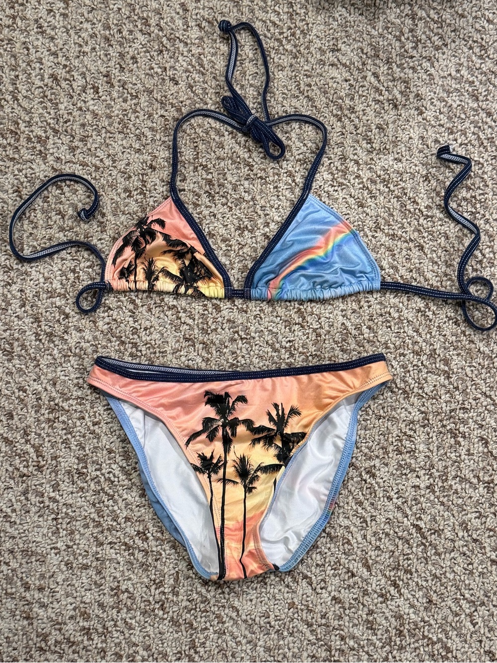 Vintage OP Palm Print Triangle Bikini Set in Sunset Orange & Sky Blue